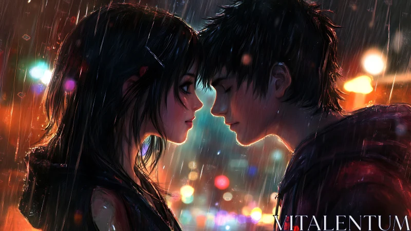 Rain-soaked neon city lovers in close cinematic profile.
