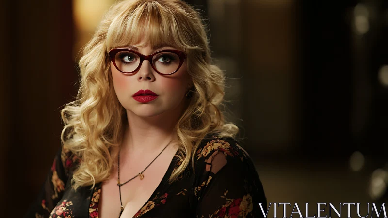 Blonde woman in floral dress under warm cinematic light.