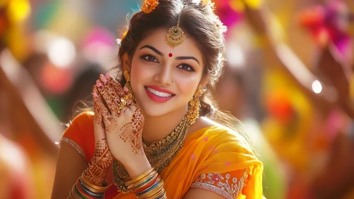 Joyful Indian woman in traditional attire celebrating festival, vibrant style.