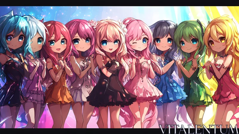 Rainbow idol lineup showcases vivid anime character spectrum.