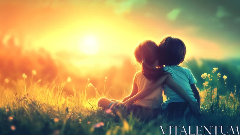 Mother and Child in Golden Meadow at Sunset.