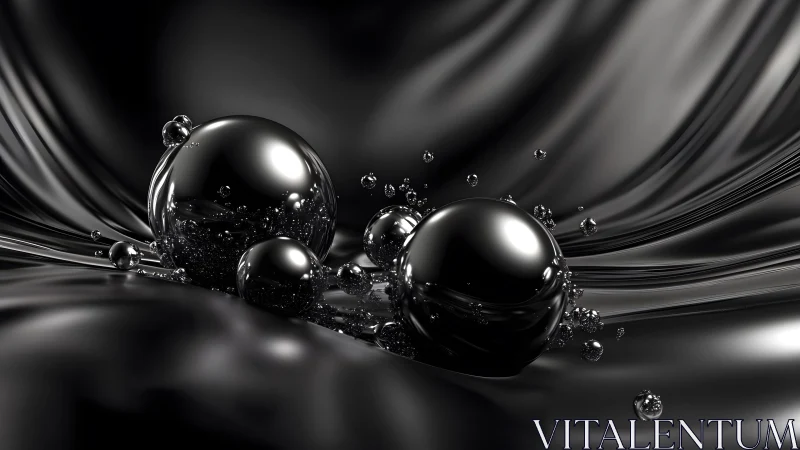 Chrome spheres glide across liquid black reflective waves.