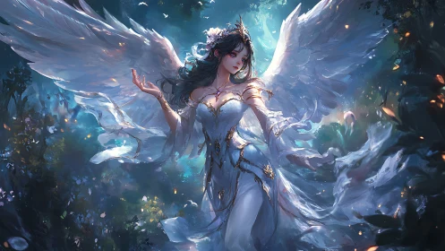 Winged woman in white gown amid glowing forest scene.