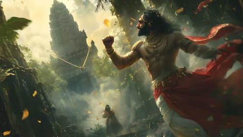 Warrior confronts jungle temple in golden storm light.