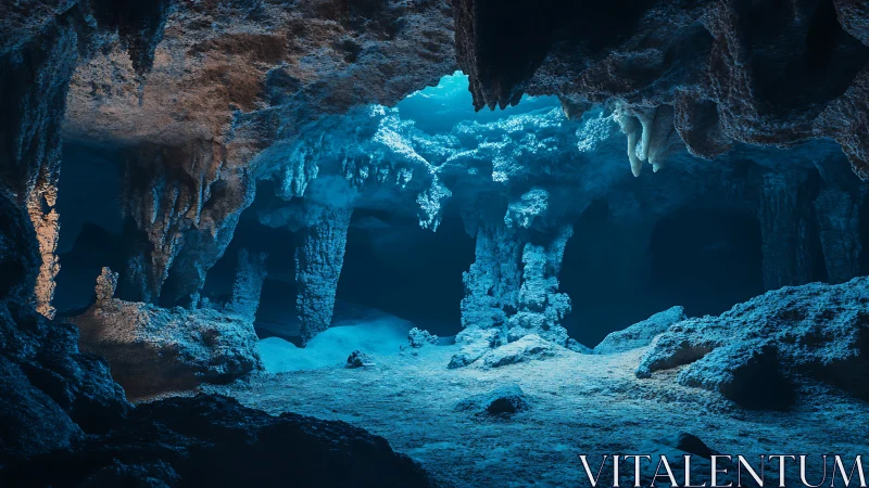 Luminous blue cavern interior glows with ethereal underground light