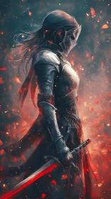 Armored warrior stands in profile holding glowing red sword
