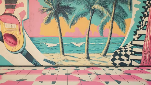 Vivid palm beach mural with surreal retro geometric forms.
