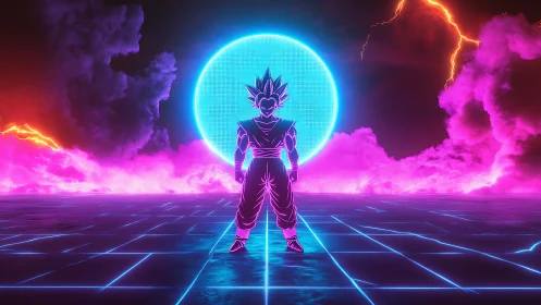 Neon-lit Saiyan silhouette before holographic grid moon