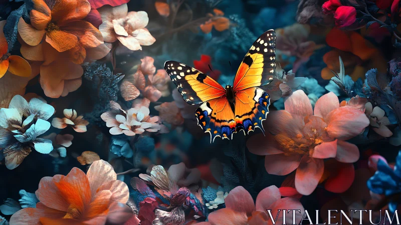 High-saturation macro study of orange butterfly on bokeh florals