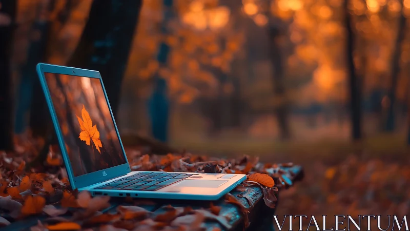 Open laptop rests on leaf covered bench in autumn park