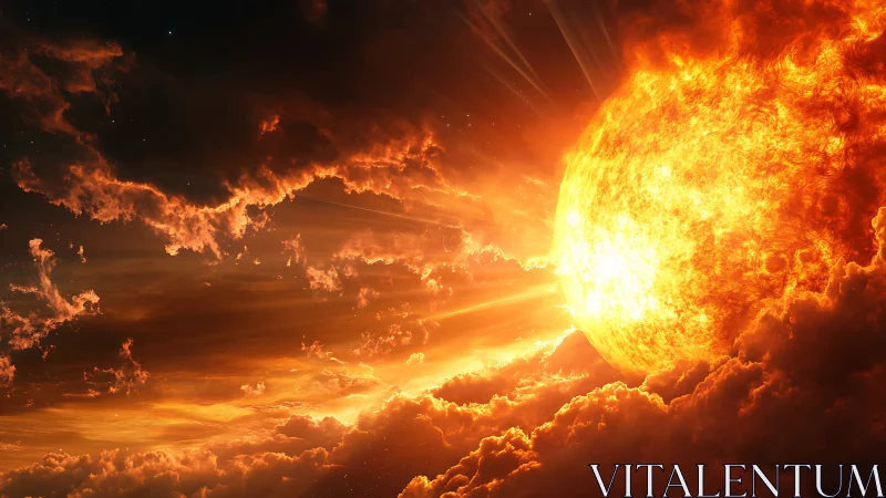Solar titan erupts through storm-torn cosmic cloudscape.