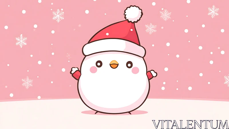 Kawaii snowman character in Santa hat on pink snowy backdrop