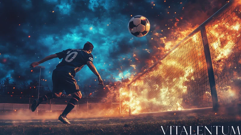 Soccer player heading ball toward fiery goal net at night.