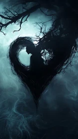 Silhouette entwined with heart-shaped branches in mist.
