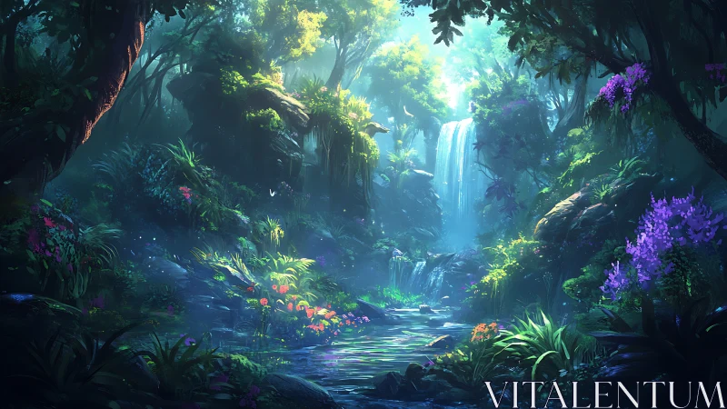 Enchanted Forest Ravine with Waterfall and Luminescent Flora.
