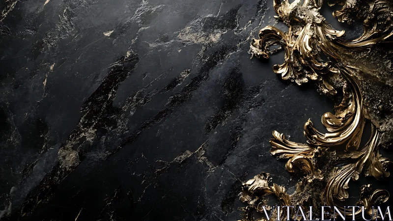 Dark marble surface contrasts with ornate molten gold accents
