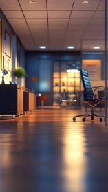 Corporate corridor with office chairs and wooden flooring.