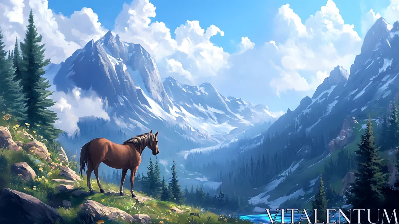 Brown horse overlooks sunlit alpine valley with snowy peaks