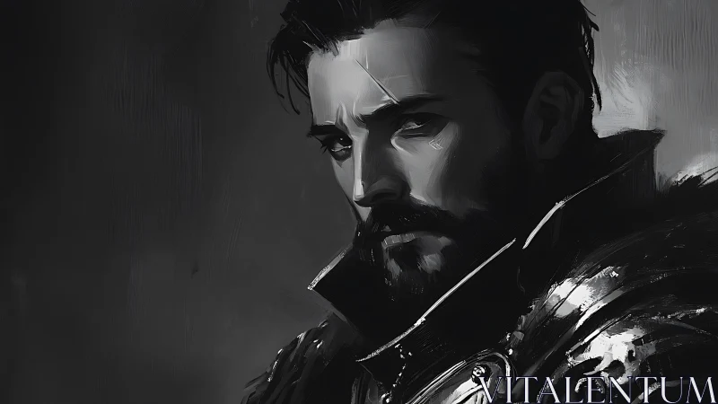 Shadow-lit warrior lost in thought and quiet resolve.