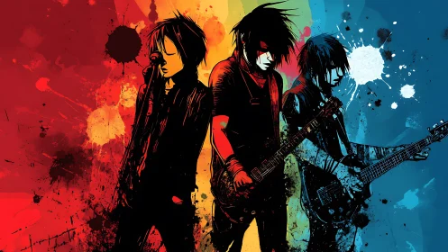 Three stylized rock musicians stand against splattered colors