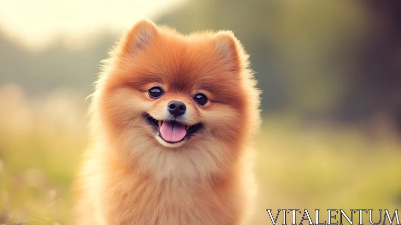Fluffy Pomeranian portrait in soft golden hour bokeh.