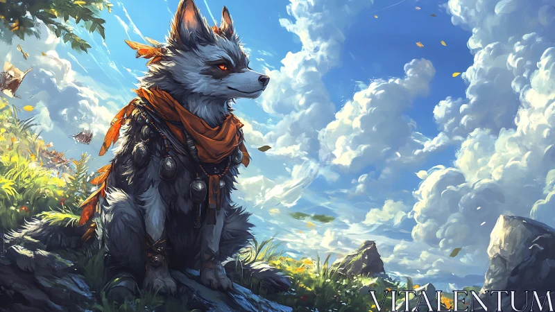 Anthropomorphic wolf in scarf under expansive cloud sky.