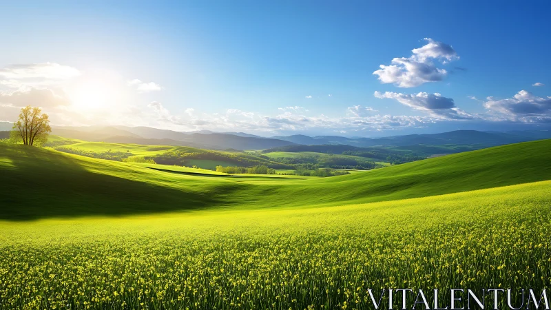 Golden hillside meadows glowing under a soft spring sunrise.