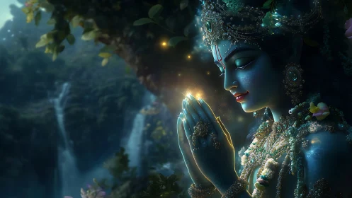 Moonlit deity cradles a firefly prayer between jeweled hands
