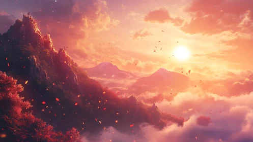 Sunlit mountain range above clouds with floating red leaves.