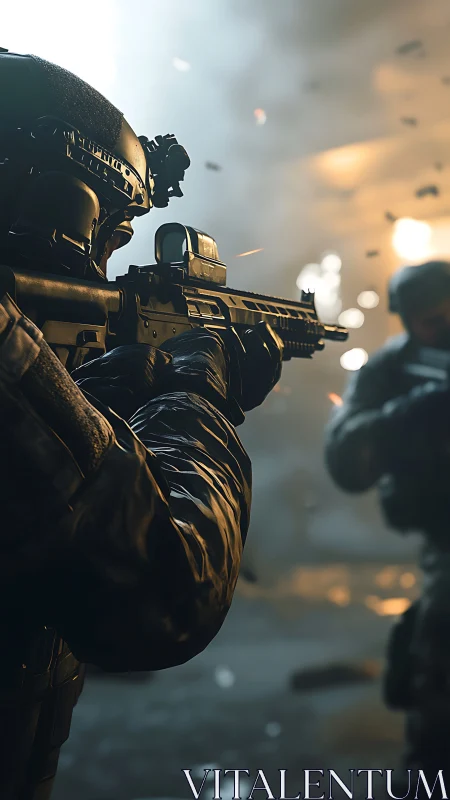 Tactical operator engaging with carbine in urban firefight