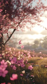 Pink Blossoms Frame Serene Pastoral Landscape
