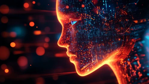 Neon cybernetic human profile with glowing circuitry lines.