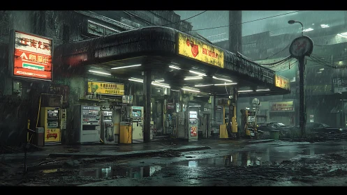 Midnight rain at a neon-soaked retro gas station refuge.