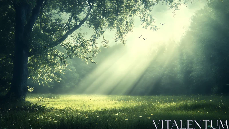 Sunbeams penetrate verdant forest clearing in cinematic light