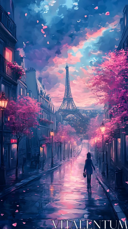 Solitary walk toward Eiffel Tower on wet Paris street.