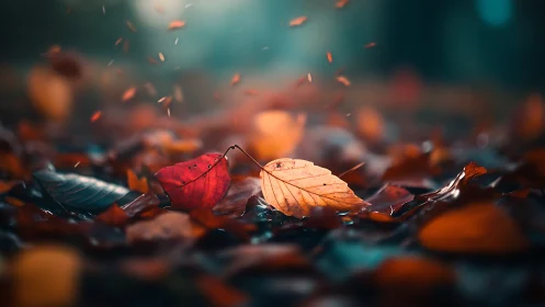 Fallen autumn leaves rest in soft bokeh light and misty air