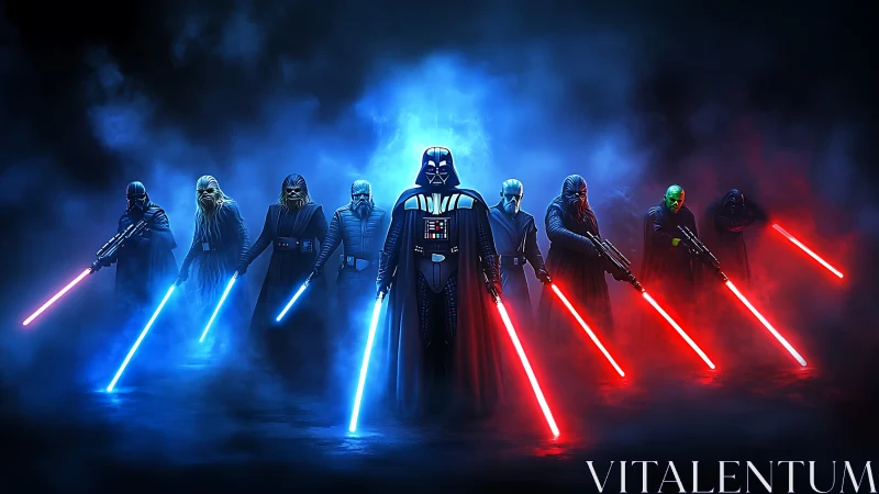 Parametric lineup of armored warriors wielding plasma blades.