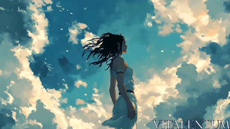 Solitary female figure in white dress under daytime sky.
