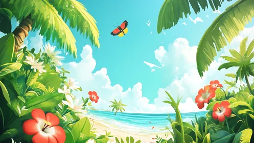 Tropical Beach Ecosystem: Botanical Frame Composition Featuring Pollinators.