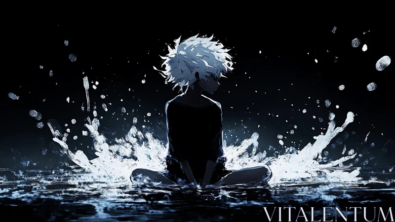 White-haired silhouette shatters midnight pool with impact.