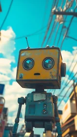 Sunlit alley robot staring wide-eyed at the tangled sky.