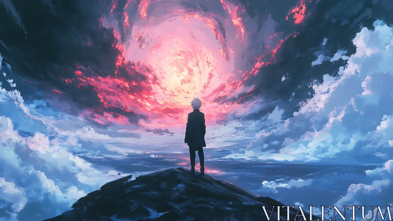 Solitary figure confronting luminous storm vortex sky.