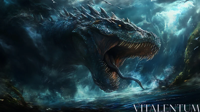 Sea dragon emerges roaring from stormy ocean waters.