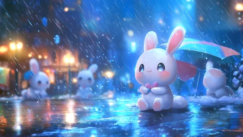 Cute chibi bunnies sitting in colorful rainy city scene.