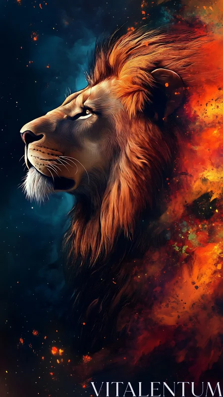 Lion of starlit embers gazing into a quiet cosmic dawn.