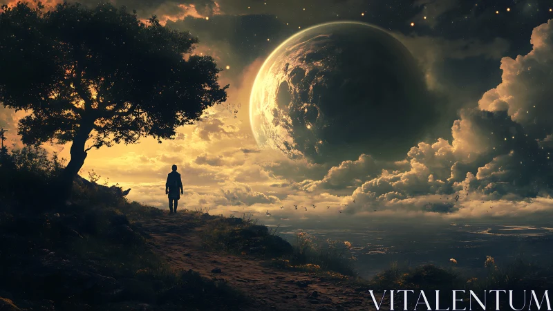 Lone wanderer watches colossal planet over glowing clouds.