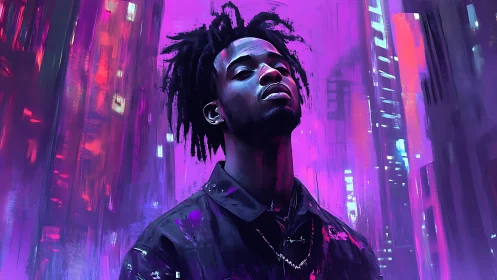 Neon city lights glow around a calm, confident young man