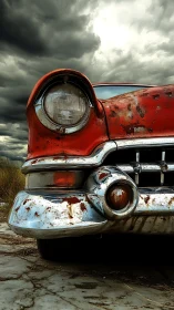 Rusty classic car close-up under stormy dramatic sky.