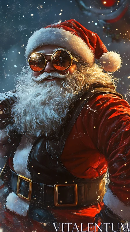 Confident winter Santa in goggles brings bold holiday cheer