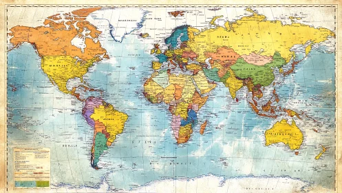 Retro political world map with textured vintage cartographic styling.